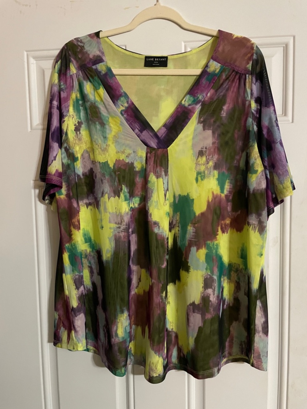 Lane Bryant Lime, Purple and Green Abstract V-Neck Tunic